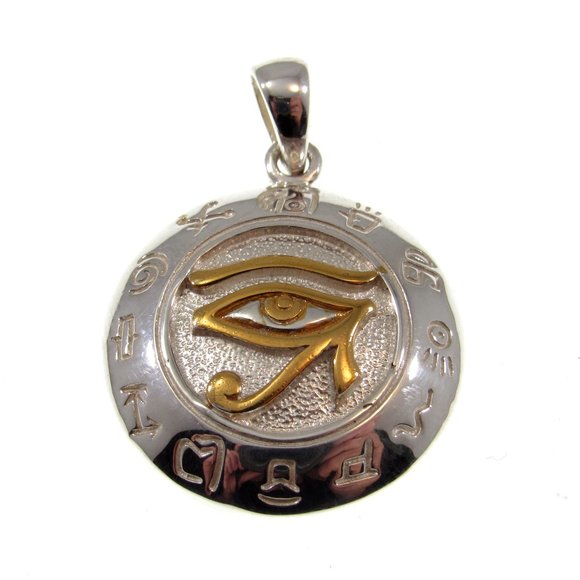 Solid 925 Sterling Silver & Gold Accent Eye of Horus Pendant with Zodiac Symbols - Picture 1 of 5